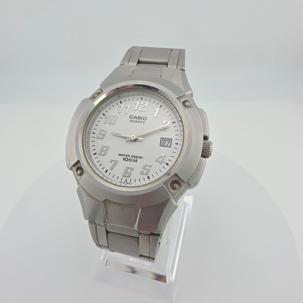 Vtg CASIO‎ Men's Watch MTP-3036 White Dial Date Indicator Stainless Steel 7.5"